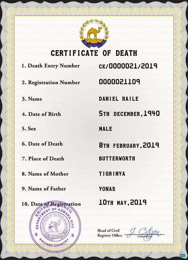 Download Eritrea vital record death certificate PSD template Photoshop template